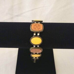 Brass and Wood Link Bracelet with Engraved Floral Design Hippie Boho